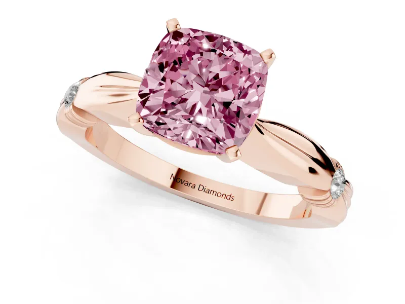 Fancy Pink Cushion Cut Diamond Solitaire Twisted Band Ring Set in Rose gold with Accent Stones and Prong Setting