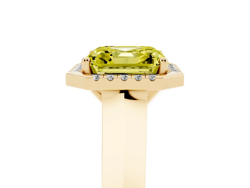 Fancy Yellow Asscher Cut Diamond Halo Ring Set in Yellow gold with Cathedral Band and Prong Setting