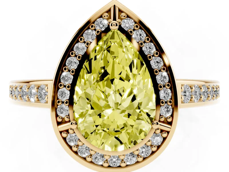 Fancy Yellow Pear Cut Diamond Halo Pavé Split Shank Ring Set in Yellow gold with Prong Setting