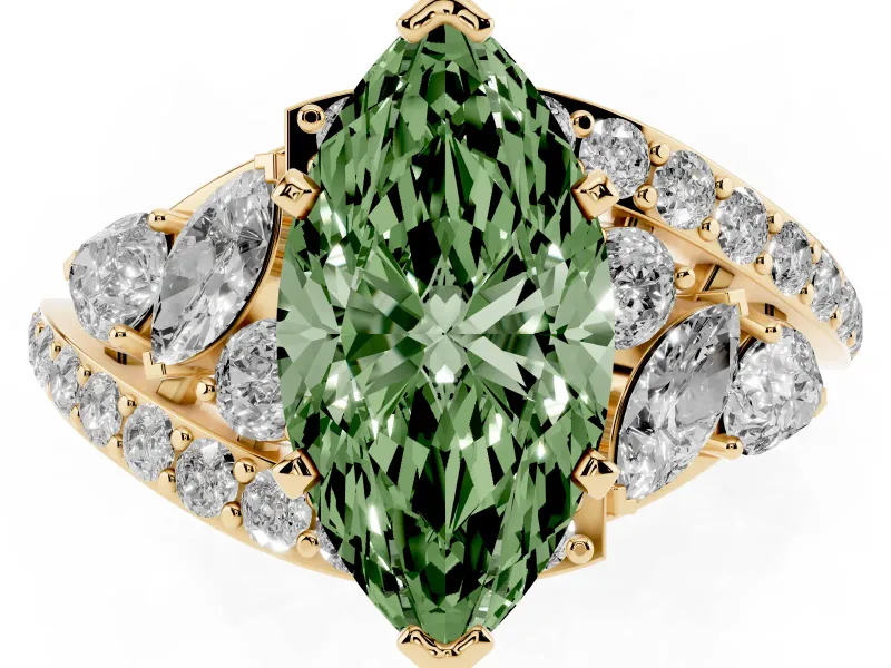 Fancy Green Marquise Cut Diamond Halo Ring Set in Yellow gold with Marquise and Pavé Band in Prong Setting
