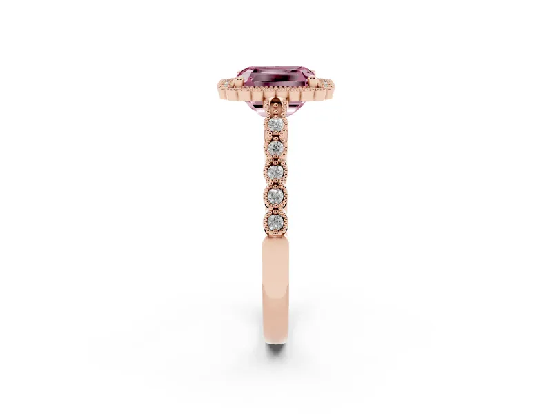Radiant Cut Milgrain Halo Engagement Ring Setting for a Fancy Pink Lab-Grown Diamond | Beaded Shoulders | Rose Gold