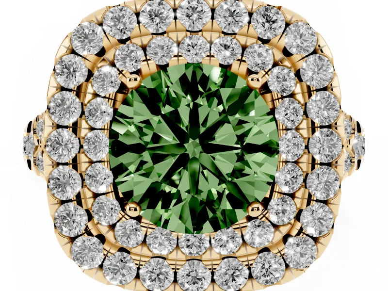 Round Halo Split Shank Engagement Ring Setting for a Fancy Green Lab-Grown Diamond | Pavé Strands | Yellow Gold