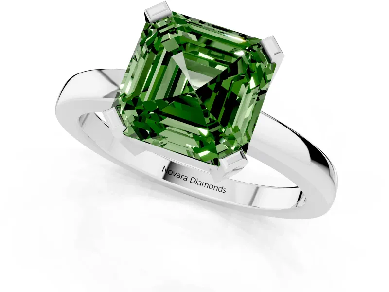 Fancy Green Asscher Cut Diamond Solitaire Ring Set in Platinum with Prong Head and Smooth Polished Band