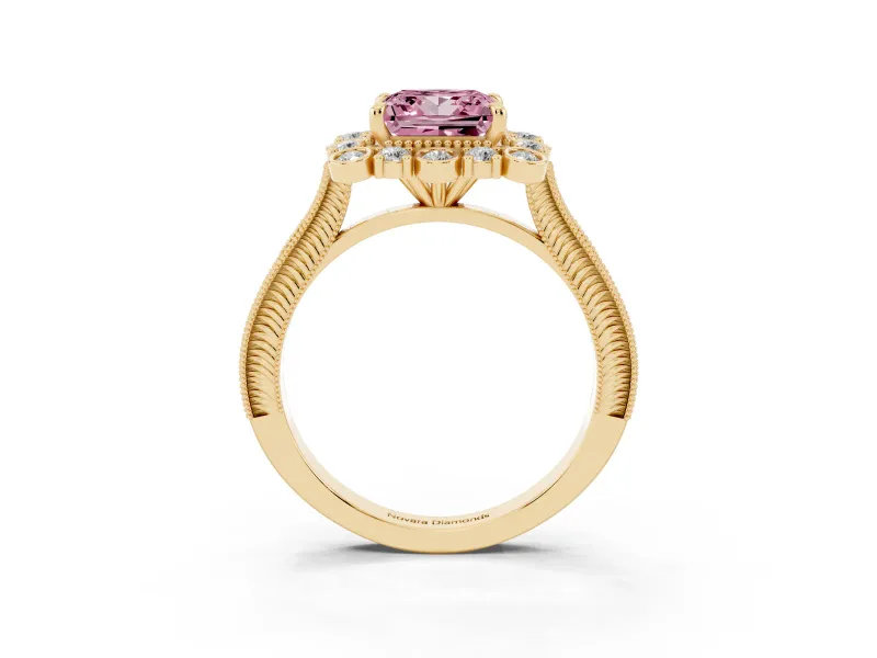 Fancy Pink Princess Cut Diamond Halo Milgrain Pavé Ring Set in Yellow gold with Prong Setting