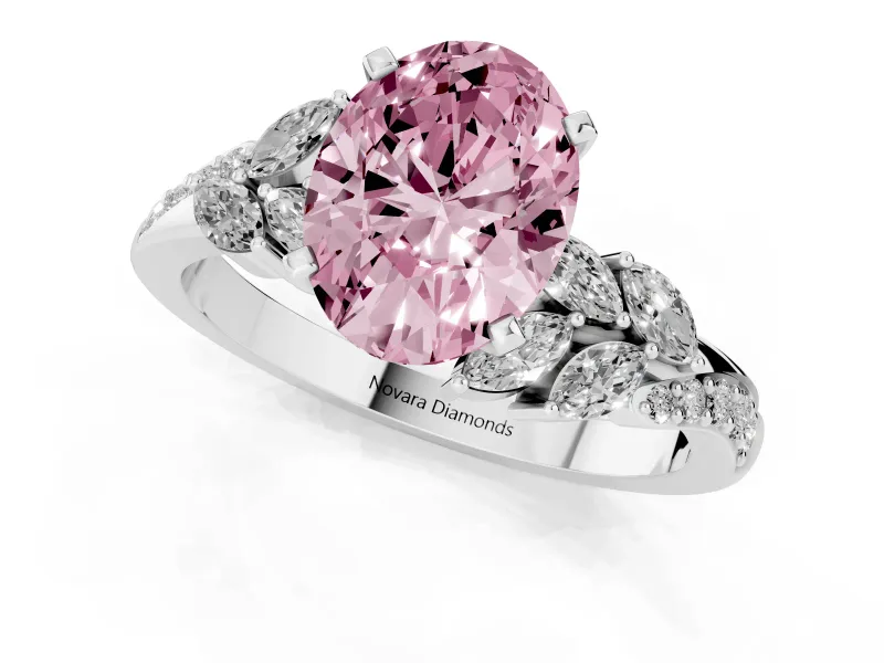 Fancy Pink Oval Cut Diamond Solitaire Ring Set in White gold with Marquise Twist Band and Prong Setting
