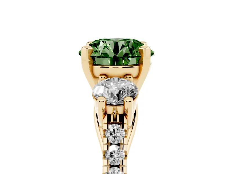 Fancy Green Three-Stone Round Cut Diamond Pavé Band Ring Set in Yellow gold with Prong-Set Trio