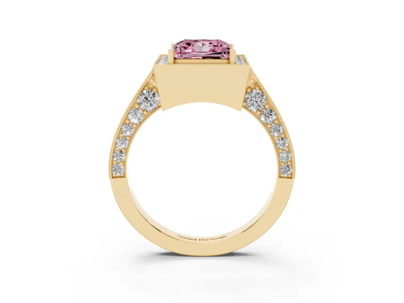 Princess Cut Milgrain Halo Engagement Ring Setting for a Fancy Pink Lab-Grown Diamond | Side Stones | Yellow Gold