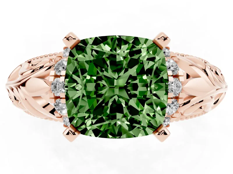 Fancy Green Cushion Cut Diamond Filigree Halo Engagement Ring Set in Rose gold with Prong Setting