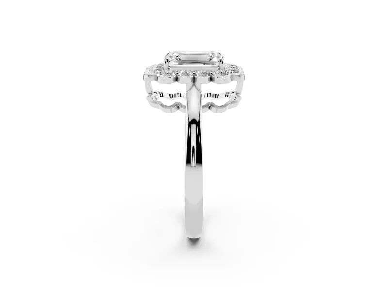Emerald Cut Scalloped Cluster Halo Engagement Ring Setting | Plain Band | White Gold