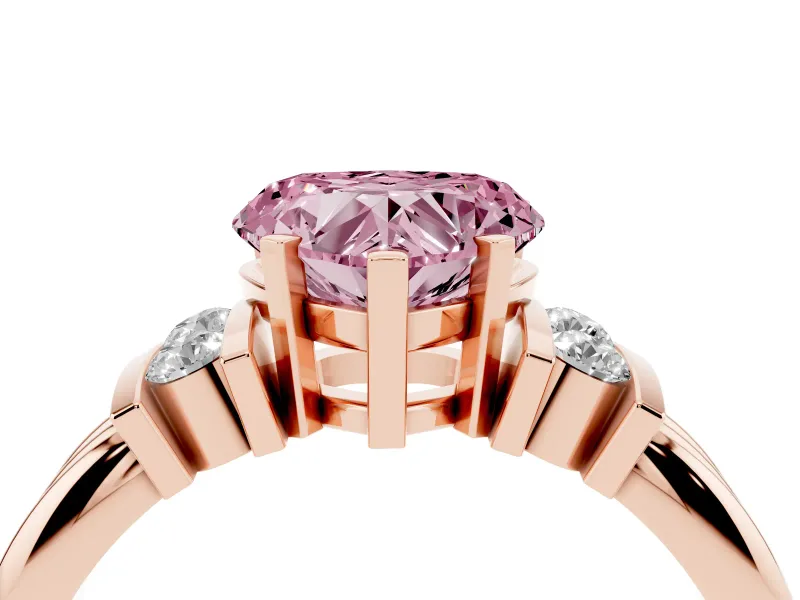Fancy Pink Three-Stone Heart Cut Diamond Channel Set Ring Set in Rose gold with Bar Prongs