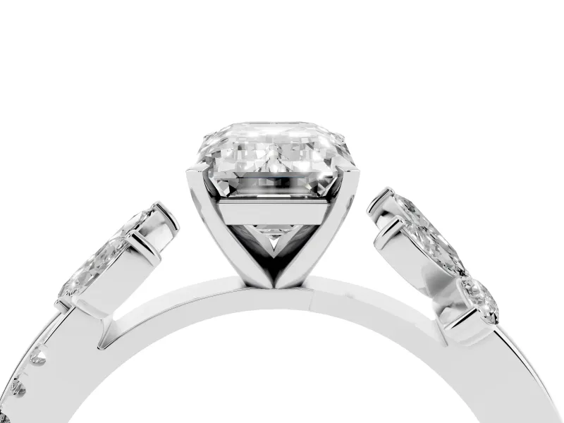 Emerald Cut Diamond Floral Vine Solitaire Engagement Ring Set in Platinum with Marquise Leaves