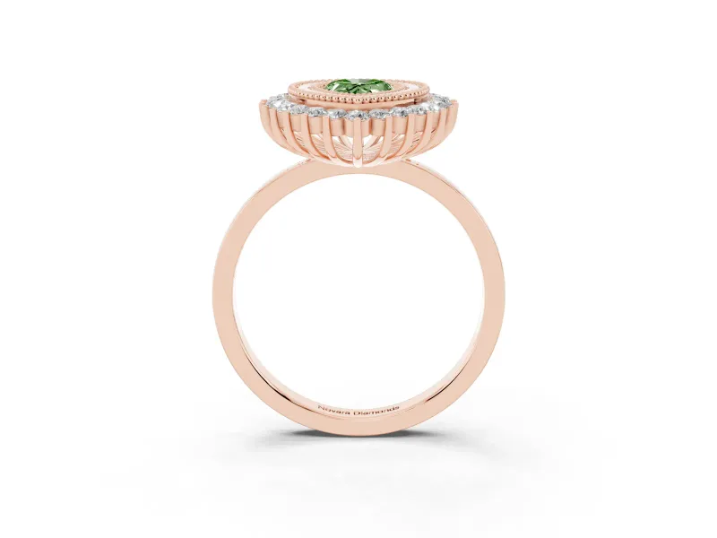 Fancy Green Pear Cut Diamond Halo Ring Set in Rose gold with Milgrain Edge and Round Prong Setting
