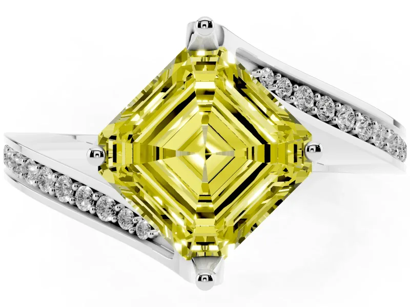Asscher Cut Bypass Pavé Engagement Ring Setting for a Fancy Yellow Lab-Grown Diamond | Swept Shoulders | Sterling Silver