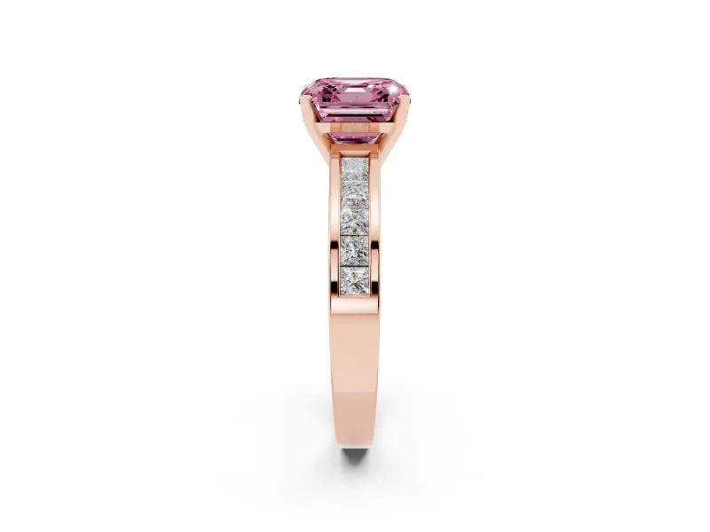 Fancy Pink Asscher Cut Diamond Solitaire Ring Set in Rose gold with Channel-Set Band and Prong Setting