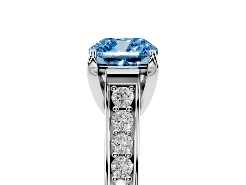 Fancy Blue Cushion Cut Diamond Solitaire Pavé Engagement Ring Set in Platinum with Prong Setting