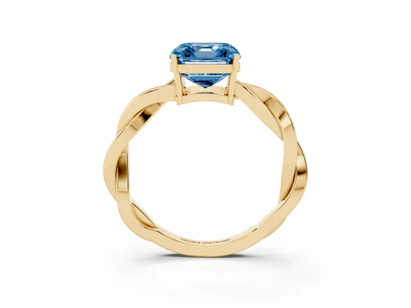 Fancy Blue Asscher Cut Diamond Solitaire Twisted Pavé Ring Set in Yellow gold with Prong Setting
