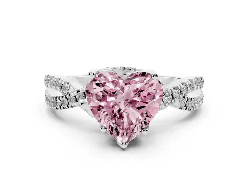 Fancy Pink Heart Cut Diamond Twist Pavé Solitaire Engagement Ring Set in Platinum with Prong Setting