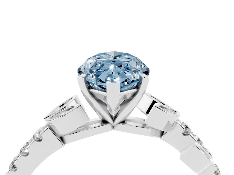 Fancy Blue Marquise Cut Diamond Solitaire Leaf-Inspired Ring Set in Platinum with Pavé Band and Prong Setting