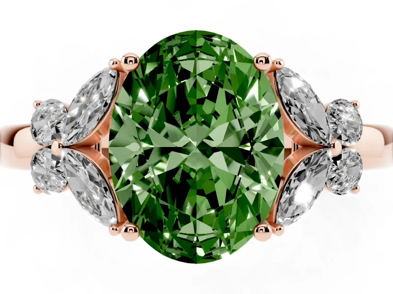 Fancy Green Oval Cut Diamond Solitaire Floral Ring Set in Rose gold with Marquise Petals and Prong Setting