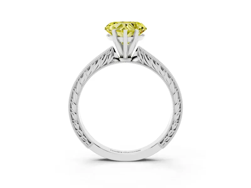 Fancy Yellow Heart Cut Diamond Solitaire Milgrain Engraved Band Set in Platinum with Prong Setting