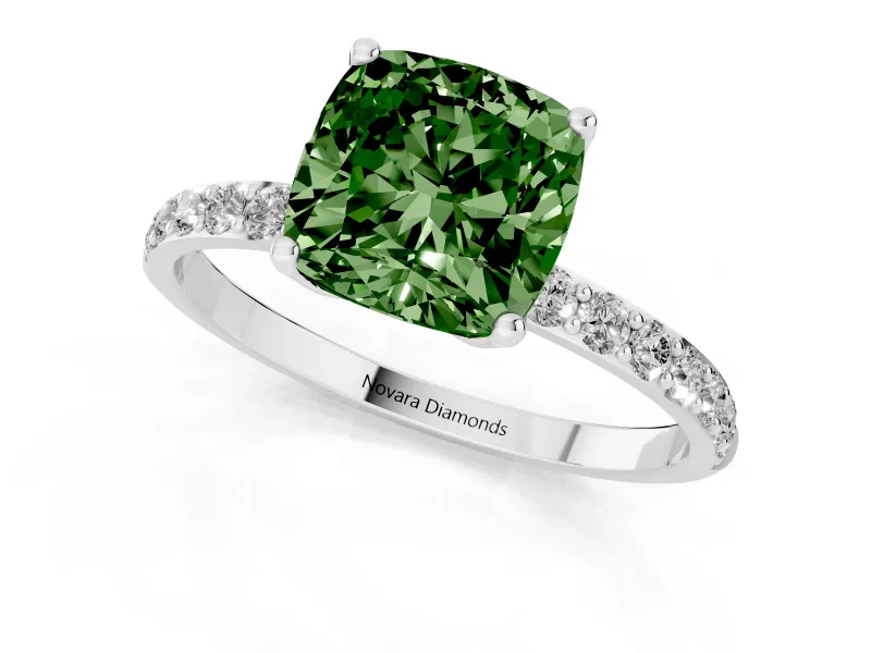 Cushion Cut Pave Solitaire Engagement Ring Setting for a Fancy Green Lab-Grown Diamond | Slim Band | Sterling Silver