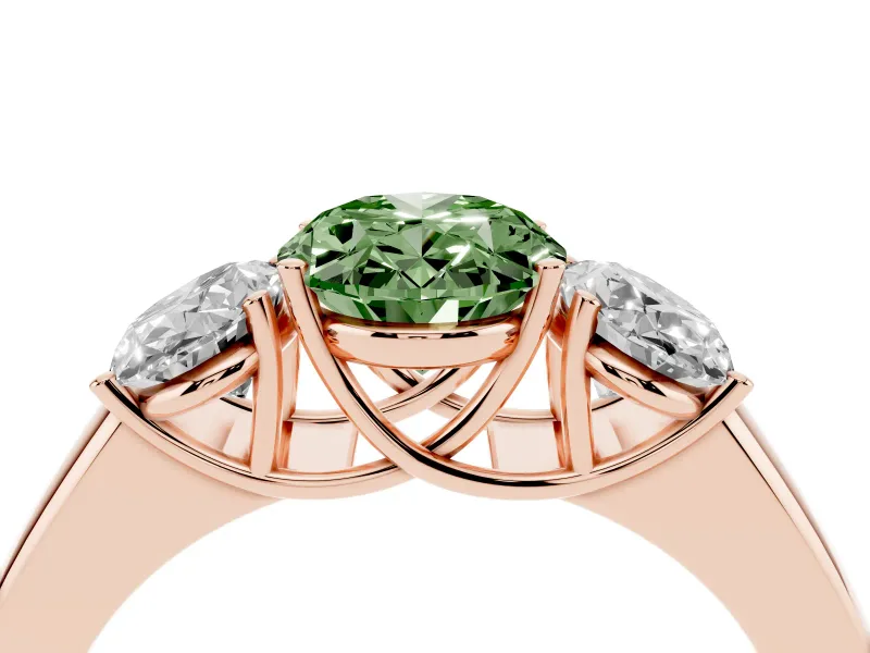 Fancy Green Three-Stone Oval Cut Diamond Ring Set in Rose gold with Matching Prong Settings and Plain Band
