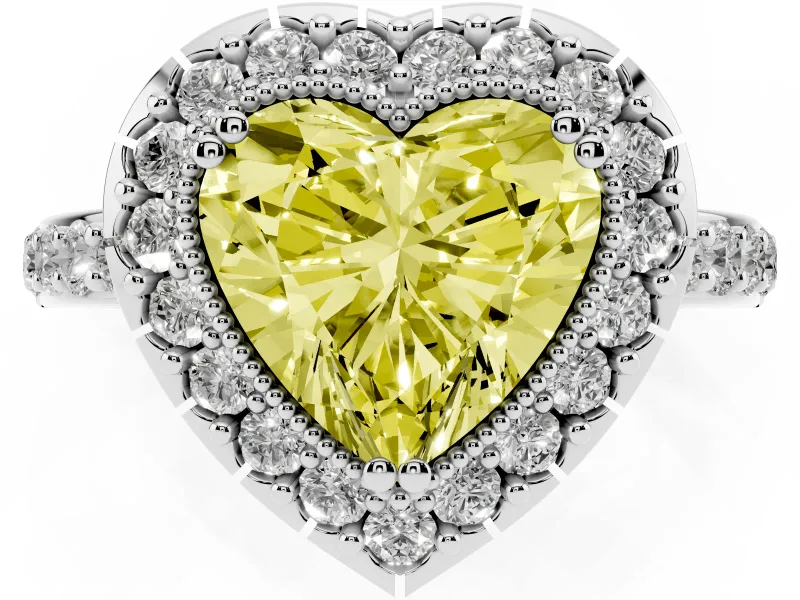 Heart-Shaped Milgrain Halo Engagement Ring Setting for a Fancy Yellow Lab-Grown Diamond | Pavé Shoulders | White Gold