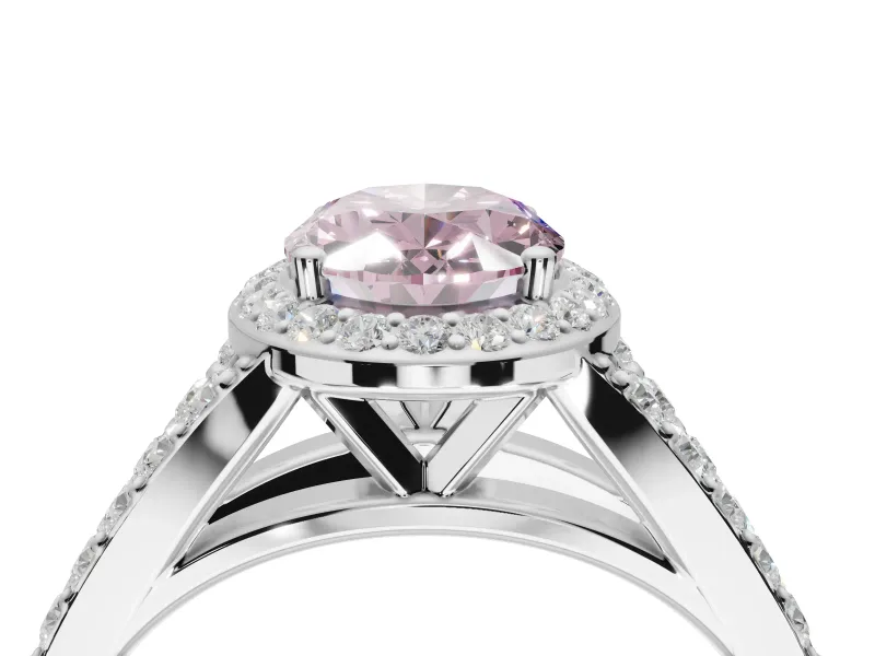 Oval Halo Pavé Engagement Ring Setting for a Fancy Pink Lab-Grown Diamond | Narrow Split Shank | Platinum
