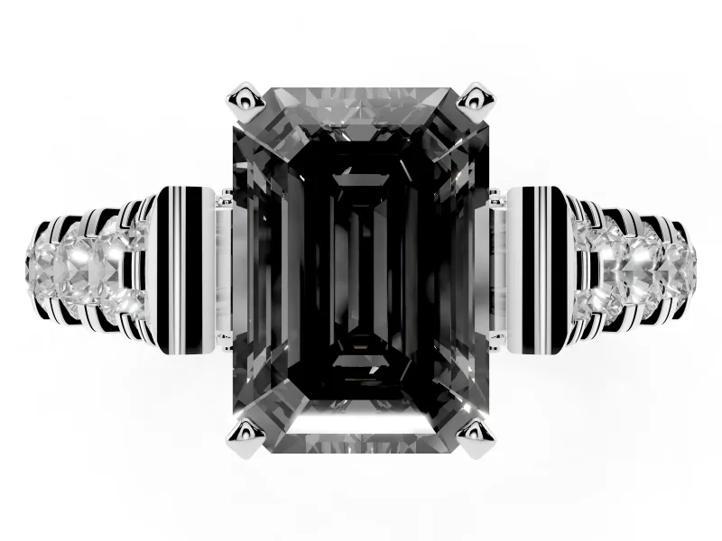 Fancy Black Emerald Cut Diamond Classic Solitaire Ring Set in Platinum with Pavé Band and Prong Setting