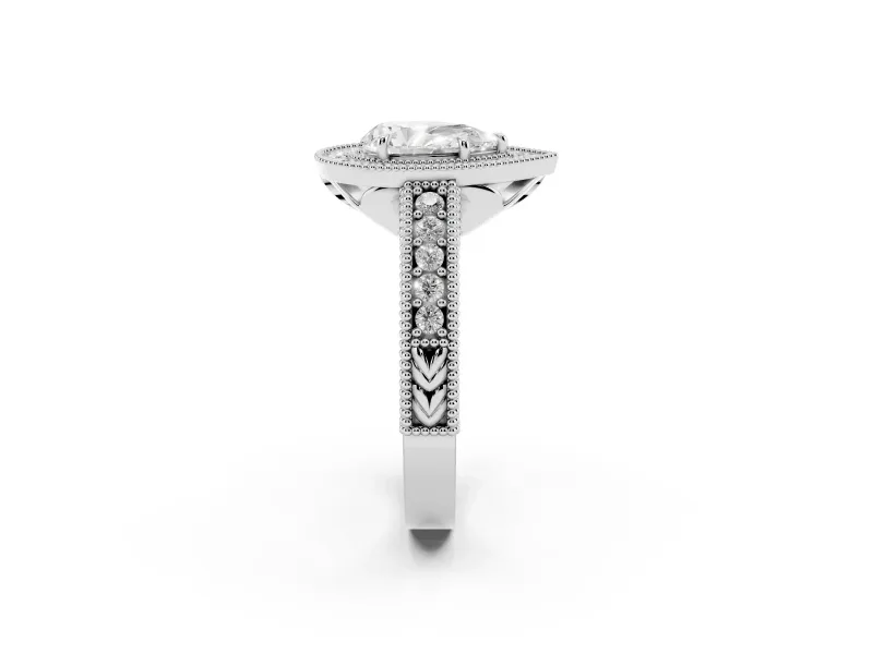 Pear-Shaped Vintage Milgrain Halo Engagement Ring Setting | Carved Leaf Detail | Platinum