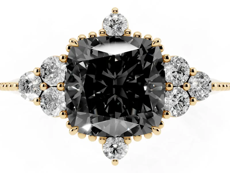 Cushion Cut Vintage Cluster Engagement Ring Setting for a Black Center | Beaded Edges | Yellow Gold
