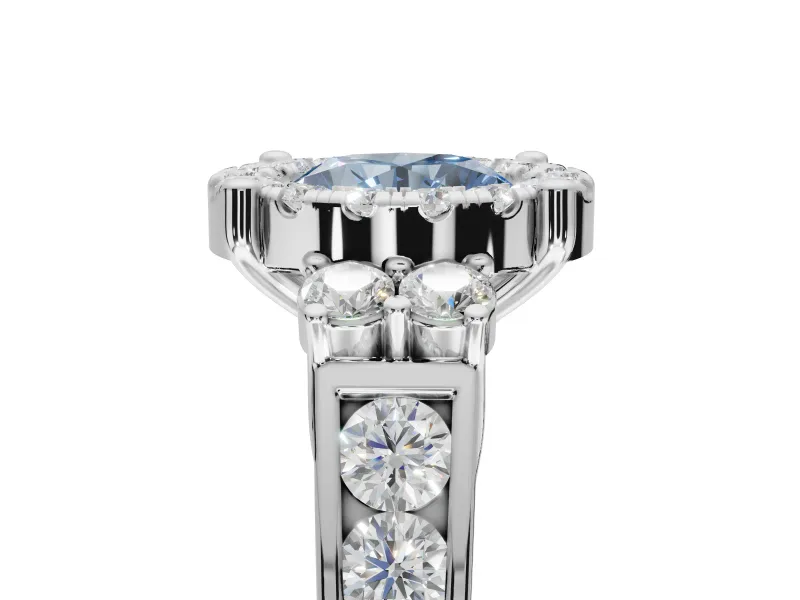 Round Halo Engagement Ring Setting for a Fancy Blue Lab-Grown Diamond | Graduated Channel Band | Sterling Silver