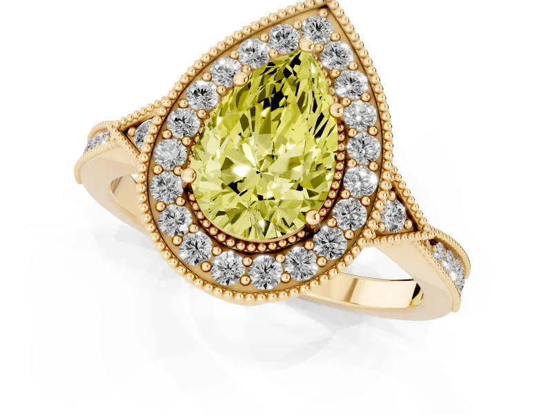 Fancy Yellow Pear Cut Diamond Halo Engagement Ring Set in Yellow gold with Milgrain Pavé Band