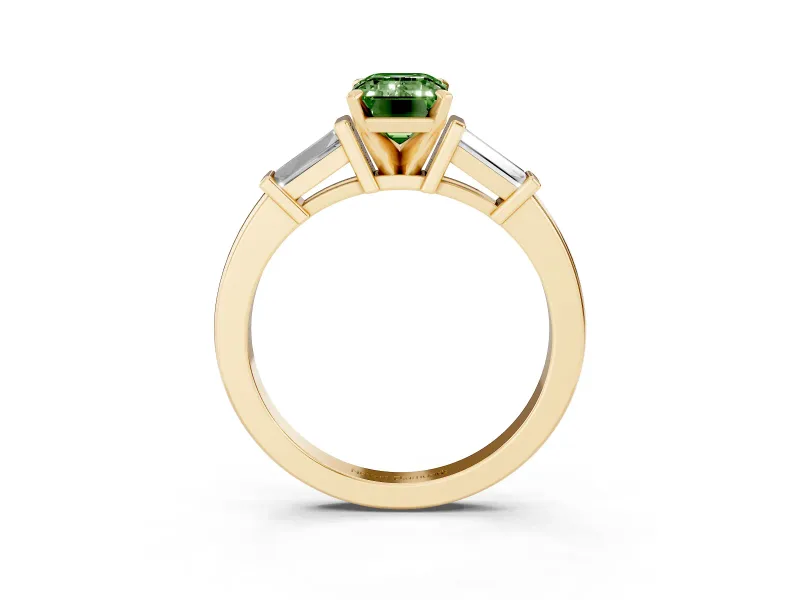 Emerald Cut Three-Stone Engagement Ring Setting for a Fancy Green Lab-Grown Diamond | Tapered Baguettes | Yellow Gold