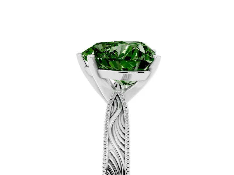 Fancy Green Heart Cut Diamond Solitaire Milgrain Engraved Band Set in White gold with Prong Setting