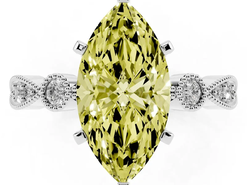 Fancy Yellow Marquise Cut Diamond Solitaire Engagement Ring Set in Platinum with Milgrain Bezel Accent Band