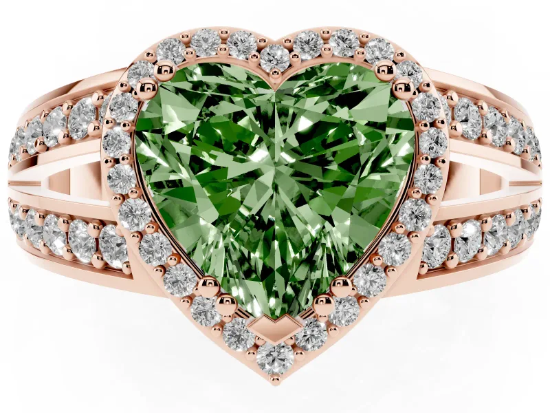 Fancy Green Heart Cut Diamond Halo Ring Set in Rose gold with Double Pavé Split Shank