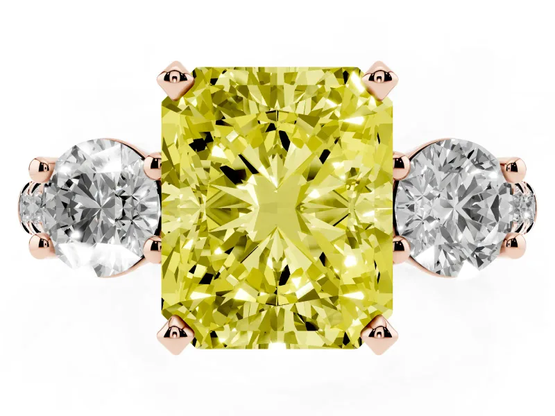 Fancy Yellow Three-Stone Radiant Cut Diamond Pavé Band Ring Set in Rose gold with Prong-Set Trio