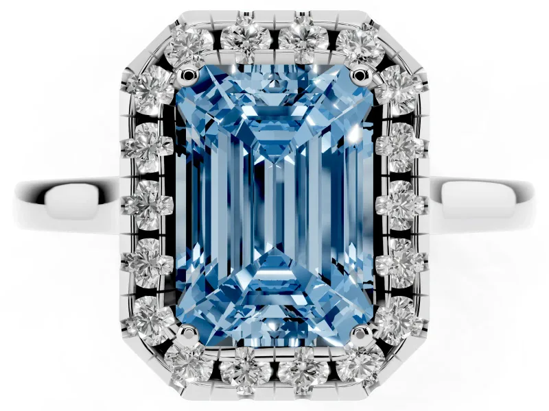 Fancy Blue Emerald Cut Halo Round Diamond Solitaire Ring Set in White gold with Pavé Band and Prong Setting