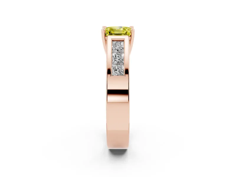 Fancy Yellow Asscher Cut Diamond Solitaire Ring Set in Rose gold with Channel-Set Accent Stones and Prong Setting