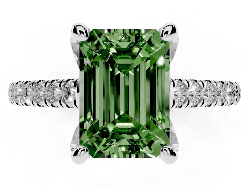Emerald Cut Hidden Halo Pave Engagement Ring Setting for a Fancy Green Lab-Grown Diamond | Claw Prongs | Sterling Silver