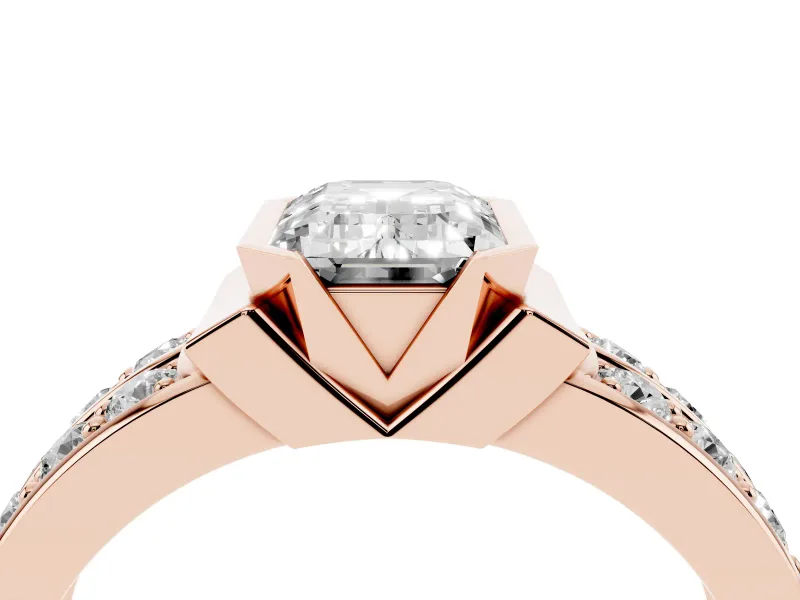 Emerald Cut Half Bezel Engagement Ring Setting | Double Row Channel Band | Rose Gold