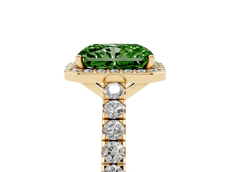 Radiant Cut Halo Pavé Engagement Ring Setting for a Fancy Green Lab-Grown Diamond | Yellow Gold