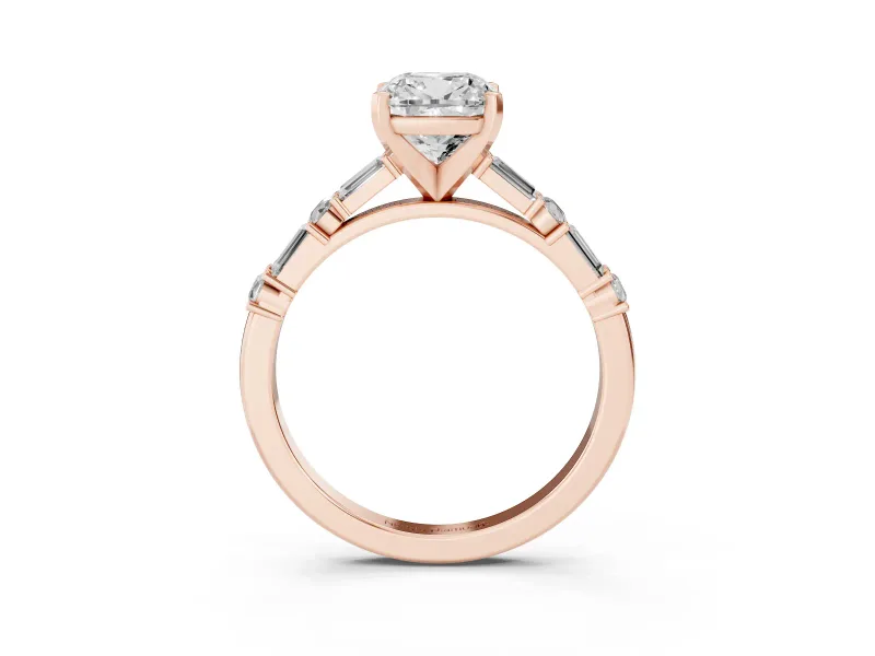 Cushion Cut Baguette Side Stone Engagement Ring Setting | Alternating Accents | Rose Gold