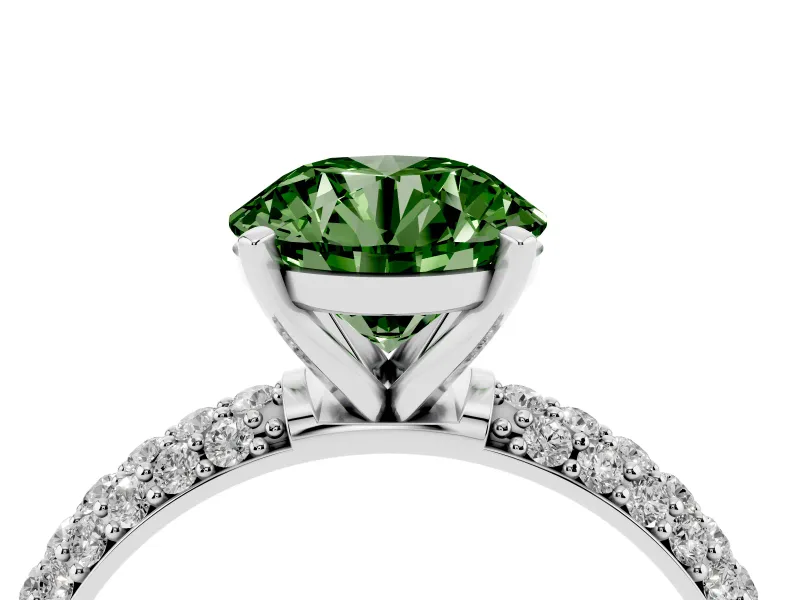 Fancy Green Round Cut Diamond Solitaire Ring Set in Silver with Prong Setting and Pavé-Set Band