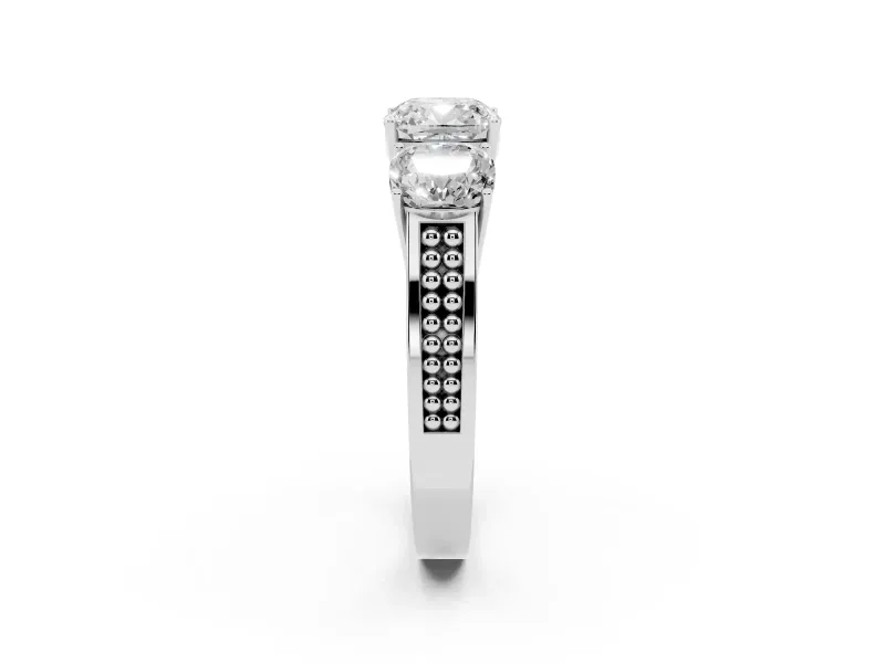 Cushion Cut Three Stone Engagement Ring Setting | Beaded Shoulders | Sterling Silver