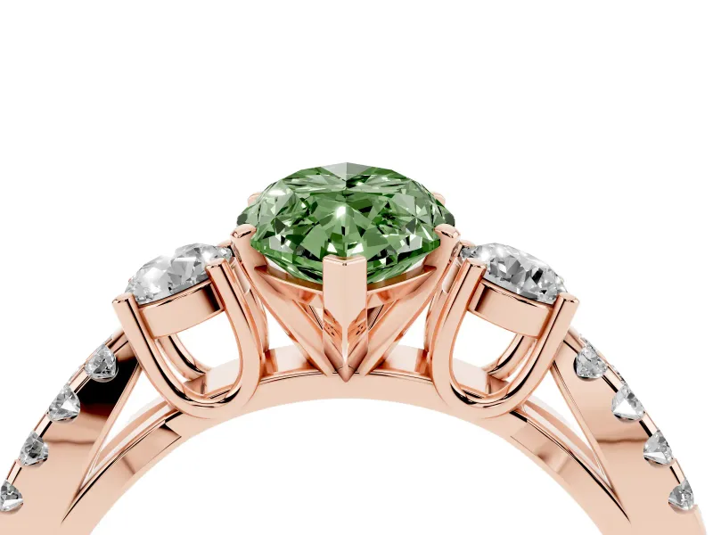 Fancy Green Marquise Cut Diamond Three-Stone Ring Set in Rose gold with Pavé Split Shank and Prong Setting
