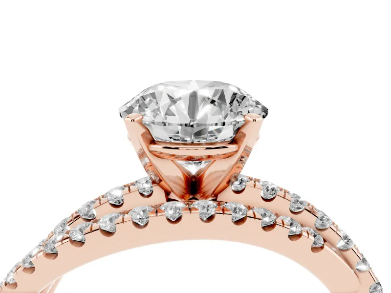 Round Cut Diamond Solitaire Twist Band Ring Set in Rose gold with Pavé Setting and Prong Head