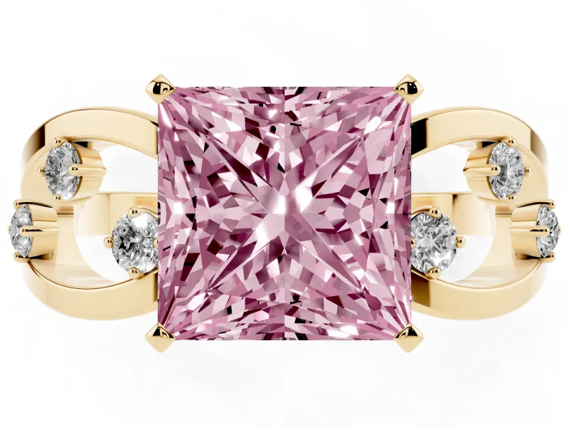 Fancy Pink Princess Cut Diamond Solitaire Ring Set in Yellow gold with Side Stones on Criss-Cross Band and Prong Setting