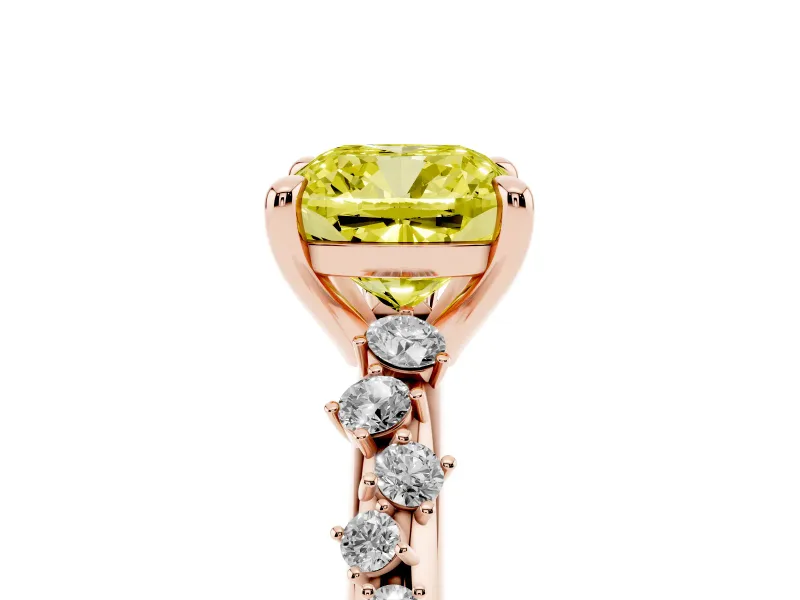 Fancy Yellow Cushion Cut Diamond Solitaire Vine Band Ring Set in Rose gold with Round Accents and Prong Setting